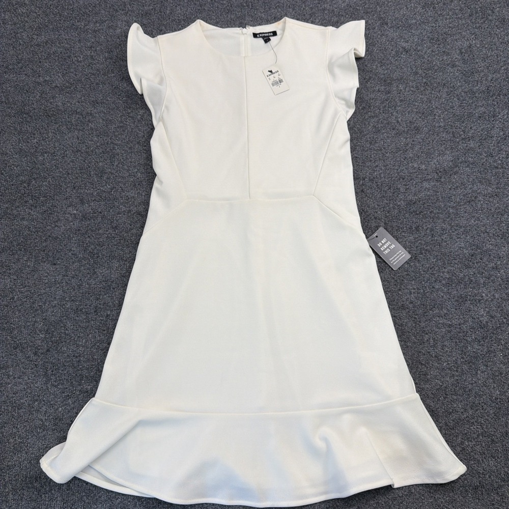 Express White Solid‎ V-Neck 3/4 Tie Sleeve Short Shift Dress Size 4